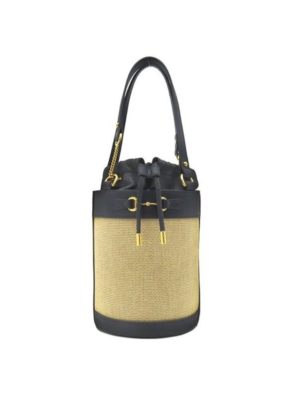 Gucci Horsebit 1955 Small Bucket Bag Canvas Leather Beige Navy Gold Drawstring